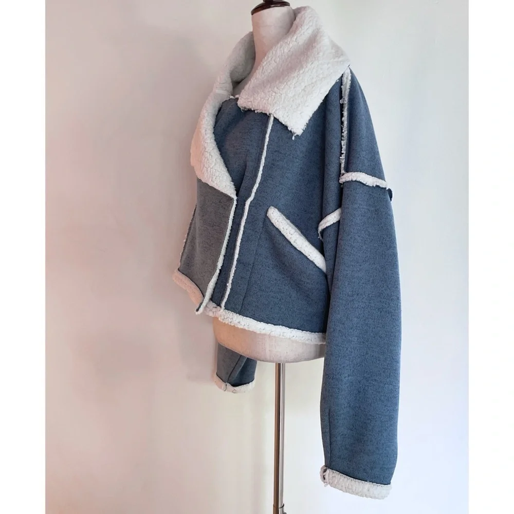 EUC Free People Josephine Sweater Sherpa Fleece Oversized Moto Sweater Jacket XS